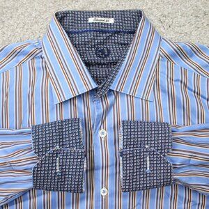 Bugatchi Shirt Mens Large Blue Shaped Fit Flip Cuff Long Sleeve Cotton Button